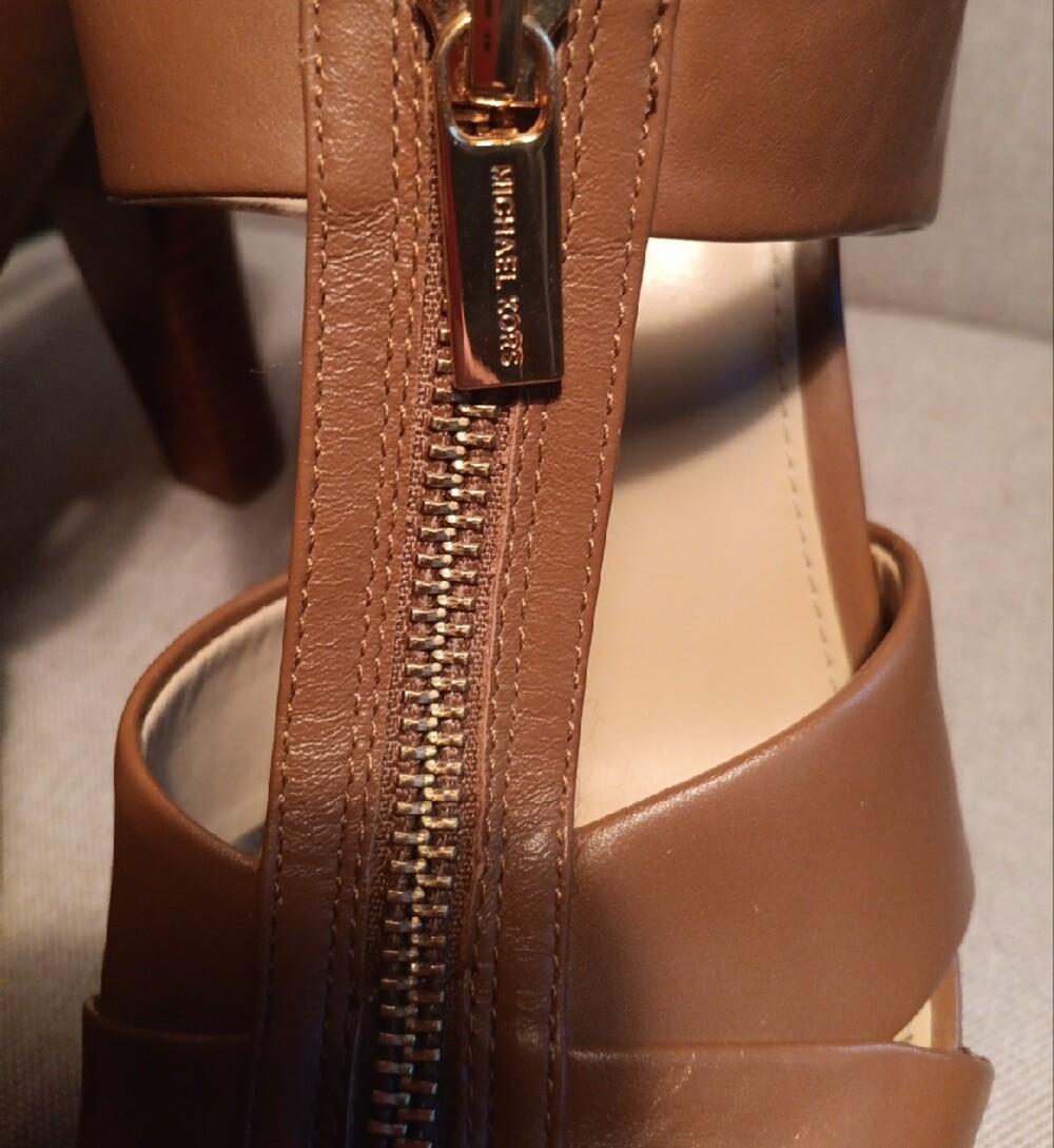 MICHAEL Michael Kors Brown Leather Platform Slingback Heels with Gold Zip - Picture 6 of 6